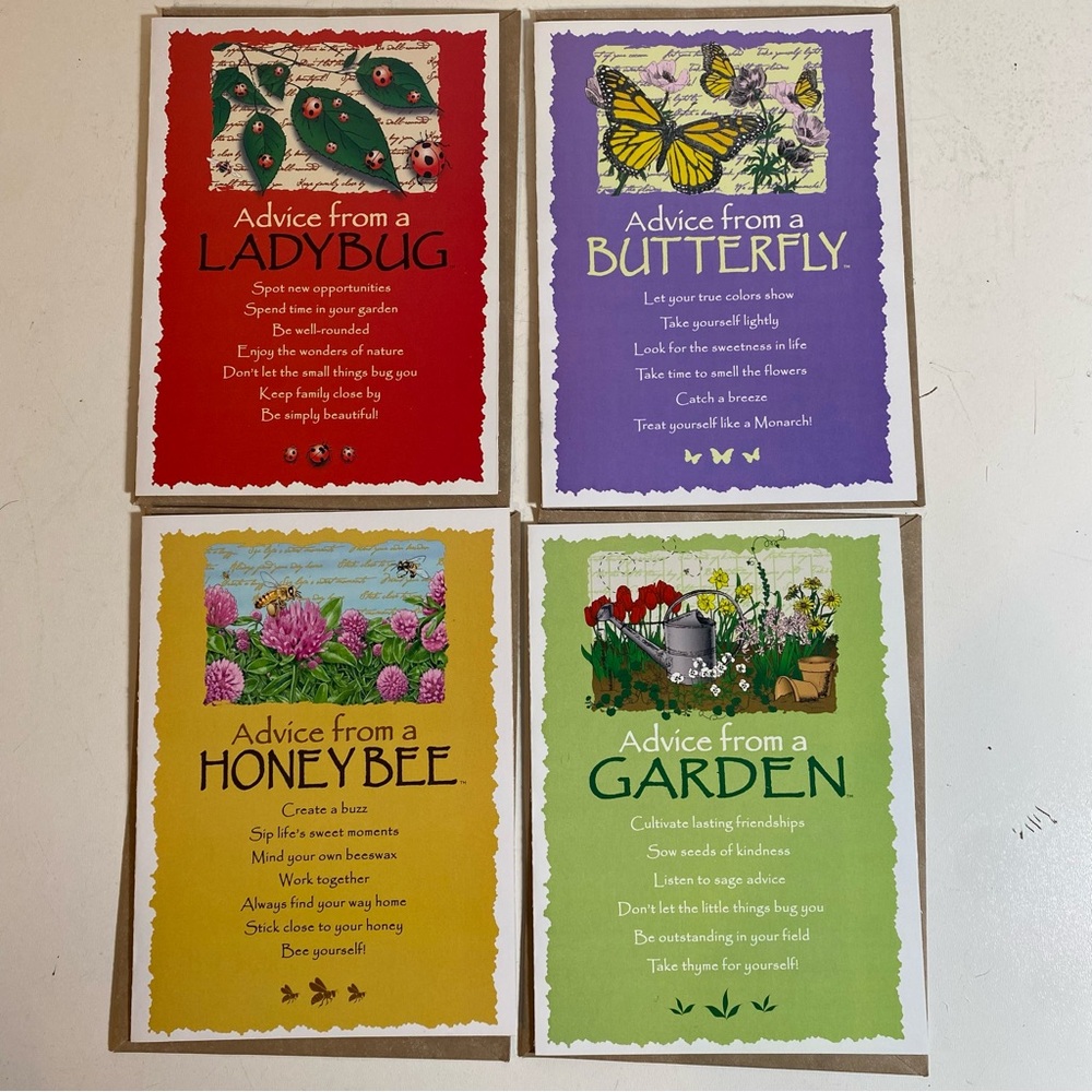 Advice From A Garden, Honey Bee, Lady Bug, Butterfly Set of 4 Cards 1 of Each